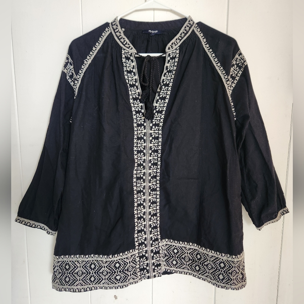 MADEWELL Black Embroidered CAMELIA Tassel Tunic Hippie Boho Top Small Peasantโ - Picture 4 of 16